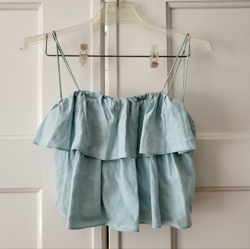 Alice and Olivia Marylynn Baby Blue Ruffled Tiered Linen Crop Top Size 0